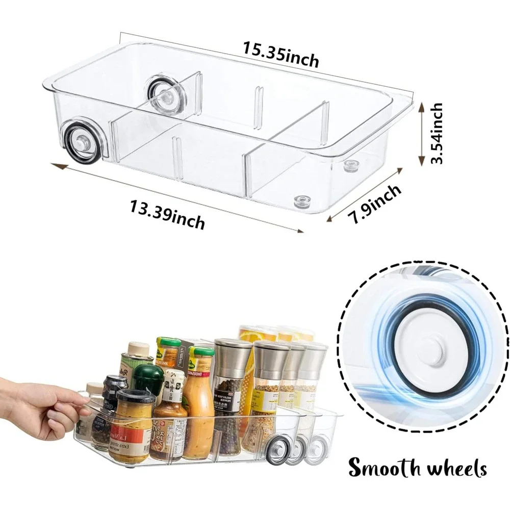 Set of 2 Clear Rolling Fridge‎ Cabinet Organizer Bins with Adjustable Dividers